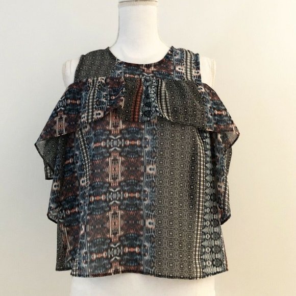NWT $140 BCBG Max Azria Patchwork Cold Shoulder Crop Top Blouse SizeS Ruffles - Picture 4 of 12